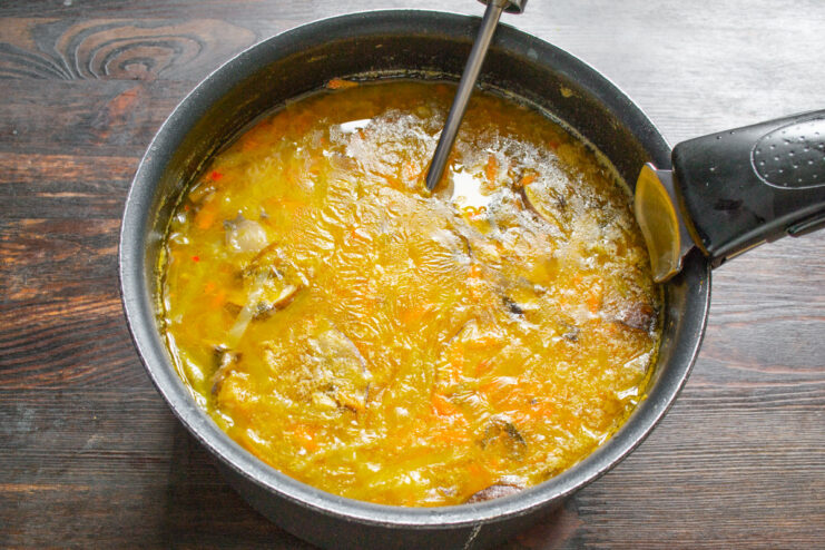 A pot of mushroom shchi simmering on the stove with the lid slightly ajar.