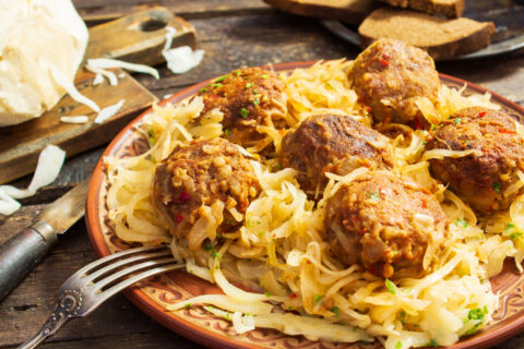 Skillet Braised Cabbage with Meatballs