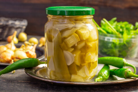 Pickled Cucumbers with Onion and Green Chili for Winter