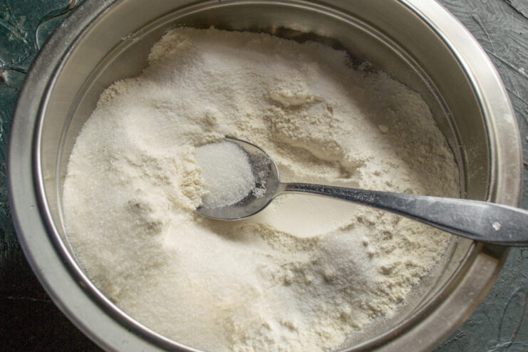 Starting the Shortcrust Dough for Cookies Ingredients for the cookie dough assembled in a bowl.