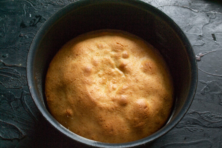 Baking the sponge cake in the oven A pan with sponge cake baking on the middle rack of an oven.