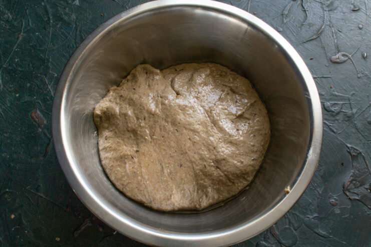 Preparing the Dough for the First Rise Placing the kneaded rye dough into a greased bowl for its first proofing.