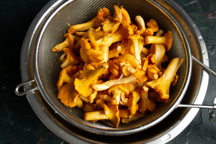 How to Clean Chanterelle Mushrooms Chanterelle mushrooms soaking in a bowl of water to clean them.
