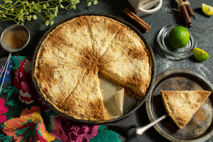 Cooling and Serving the Finished Pie The fully baked grated cottage cheese pie, cooled and sliced, ready to be served.