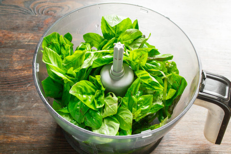 Preparing fresh basil for homemade pesto sauce Fresh green basil leaves being placed into a blender bowl for making pesto.