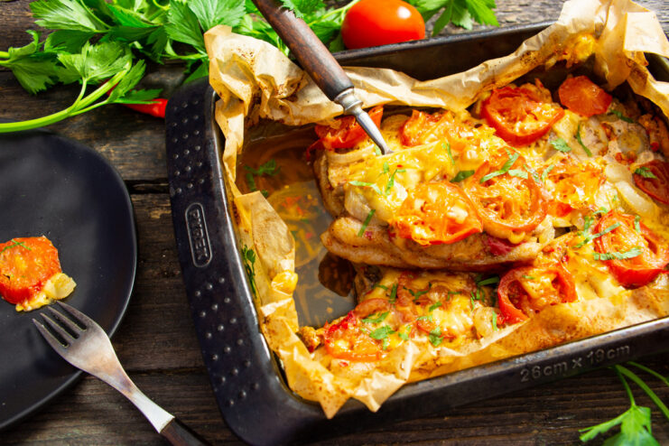 A serving of oven-baked pork loin with vegetables and melted cheese on a plate, garnished with fresh herbs.