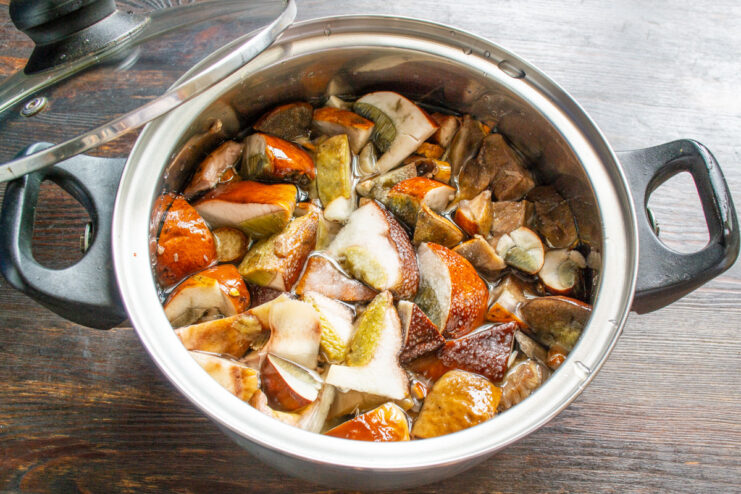 Wild mushrooms simmering in a pot of water on the stove.