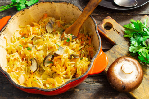 Braised Cabbage with Apple Cider and Mushrooms