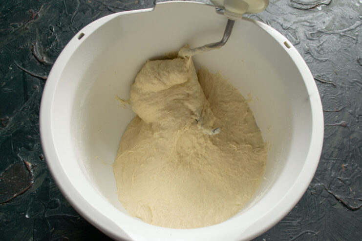Kneading the Vatrushki Dough Until Smooth A stand mixer kneading the smooth and elastic dough with a dough hook.