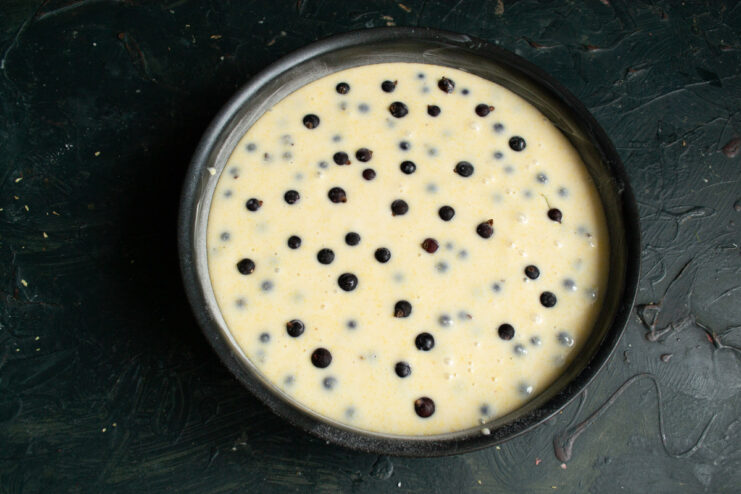 Step 9: Assembling the cake before baking Cake batter poured into a prepared pan, with blackcurrants sprinkled over the top.