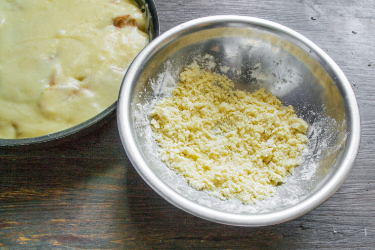 Step 10: Making the crumbly streusel topping Ingredients for the streusel topping (butter, flour, sugar) in a bowl.