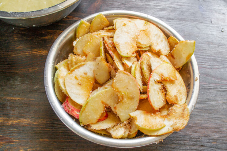 Step 5: Slicing apples for the pie filling Thinly sliced apples in a bowl, ready for the pie filling.