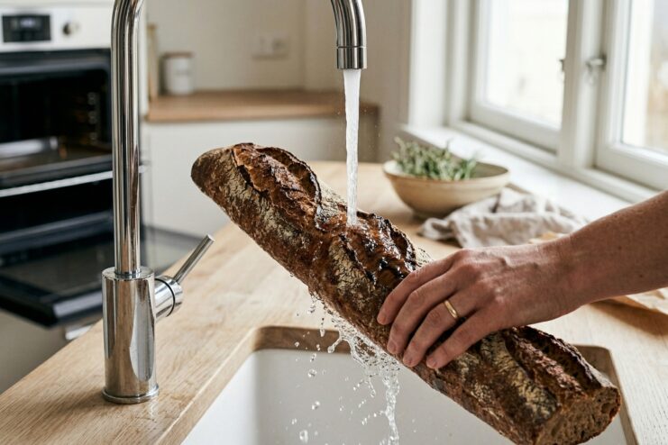 Whole stale baguette being held under running tap water in a kitchen sink.