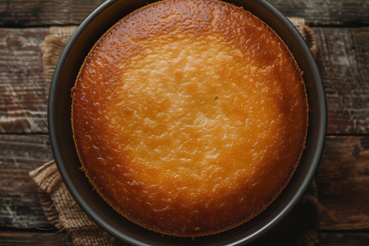 Freshly Baked Sponge Cake Resting in the Pan Freshly baked golden sponge cake resting inside a metal springform pan.