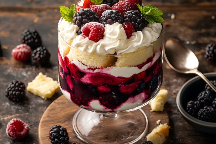 Layered Trifle Made From Fallen Sponge Cake Elegant dessert glass filled with a layered trifle featuring sponge cake cubes, white cream, and fresh berries.