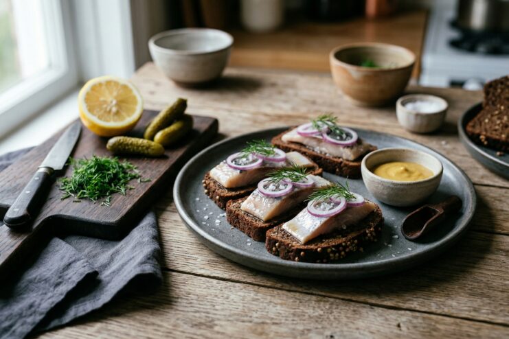 Herring on rye bread as an omega-3 source Rye bread sandwiches topped with herring, red onion, and dill
