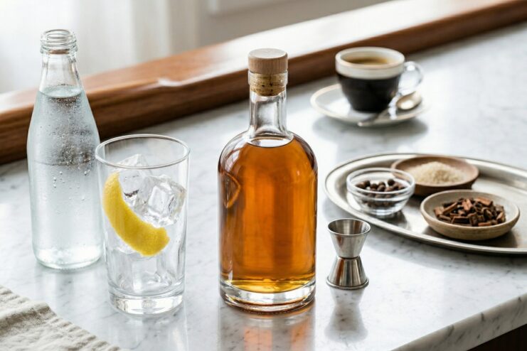 Tonic Syrup Used as a Coffee Bitter Bottle of tonic syrup, sparkling water, and a cup of coffee on a bar counter