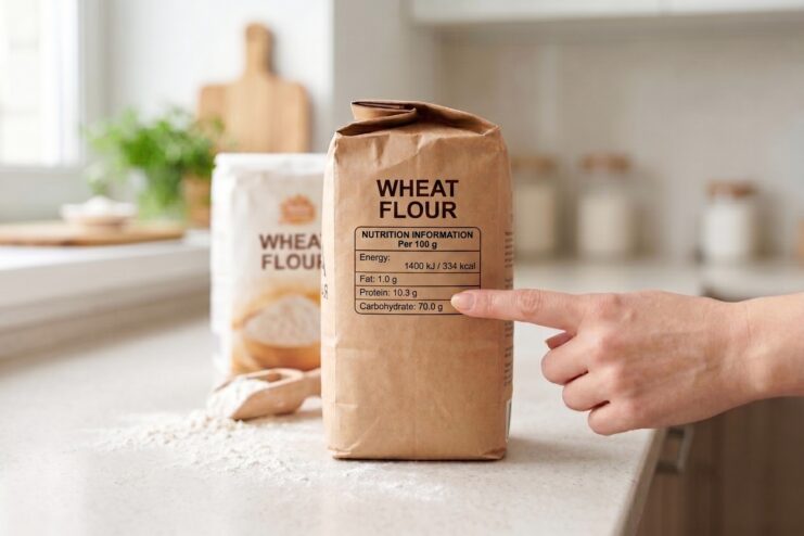 Hand pointing to a 10.3g protein content listing on a flour package nutrition label.