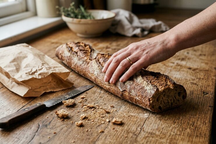 Stale baguette resting on a wooden table scattered with breadcrumbs next to a bread knife.