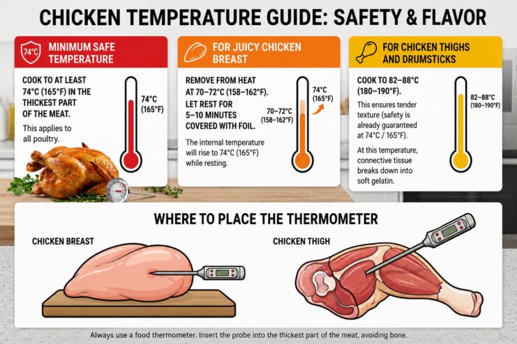 Chicken internal temperature guide showing where to place a food thermometer in the breast and thigh.