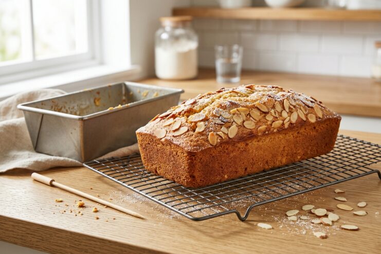 Cooling a gluten-free cake on a wire rack Whole gluten-free cake topped with flaked almonds cooling on a metal wire rack