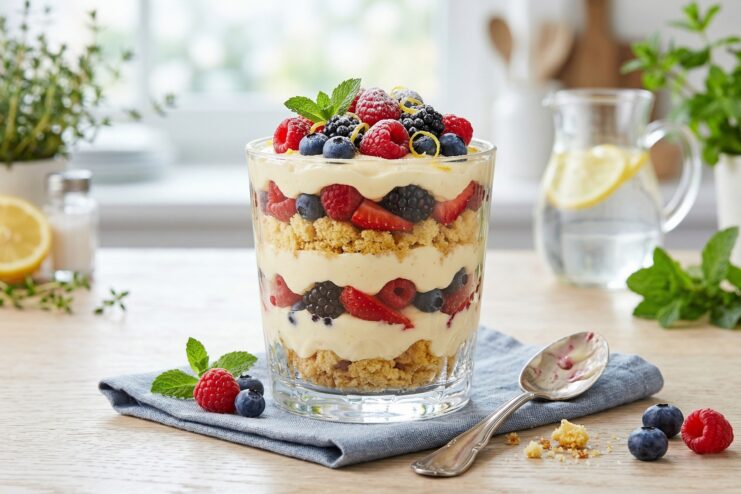 Trifle as a way to serve crumbled cake Trifle dessert in a transparent glass with layers of cream, berries, and sponge cake crumbs