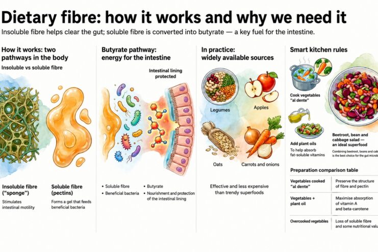 Diagram of dietary fiber digestion and primary food sources Infographic explaining the difference between insoluble and soluble dietary fiber, the butyrate pathway, food sources, and cooking tips.