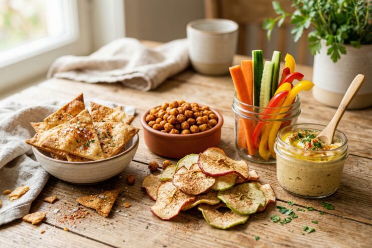 Healthy crunchy snacks Homemade lavash chips, roasted chickpeas, and vegetable sticks