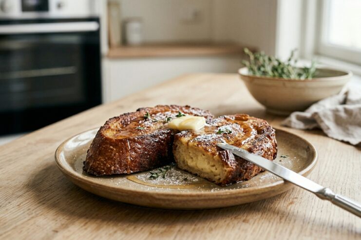 Stack of golden French toast topped with melting butter and drizzled maple syrup on a ceramic plate.