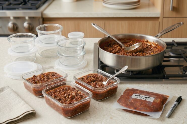 Clearly labeled zip-top bags and food storage containers organized for freezing
