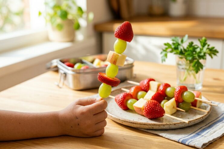 Vitamin dessert on a stick Fresh fruit skewers on wooden sticks