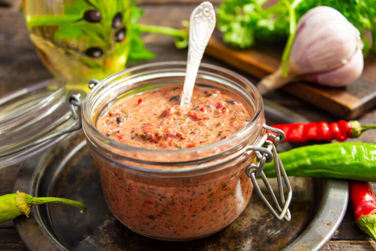 Finished basil adjika in a glass jar with a spoon