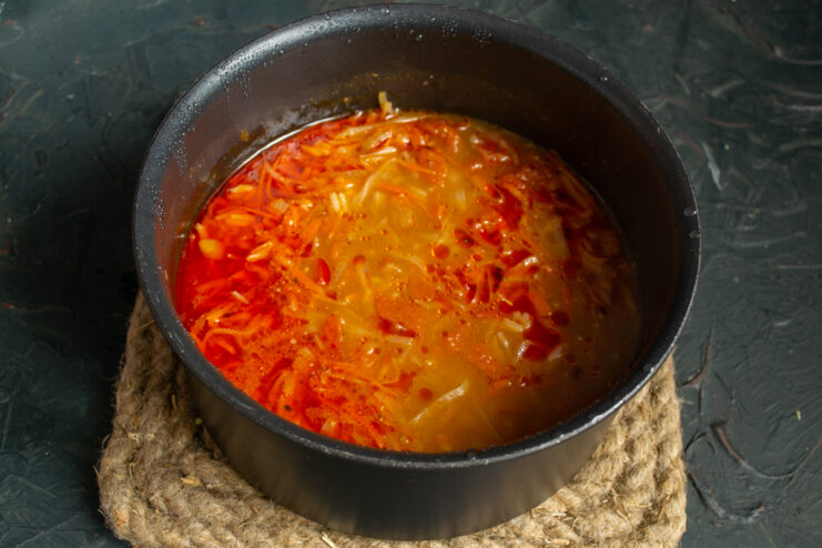 Simmering the soup Soup simmering in a pot after 40 minutes of cooking.