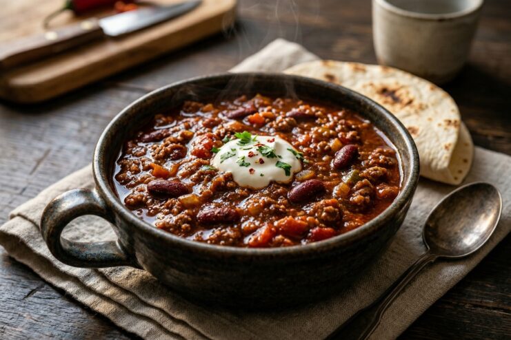 Rich bowl of thick chili con carne packed with red beans and topped with a dollop of sour cream