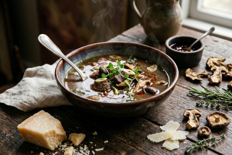 Thick meat soup with mushrooms and fresh herbs in a ceramic bowl on a wooden table.