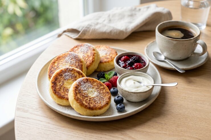 Ready syrniki with berries and coffee Perfect golden cheese pancakes topped with powdered sugar, fresh berries, and a side of sour cream for breakfast.