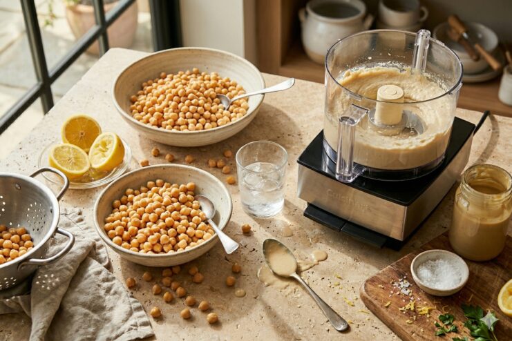 Ingredients For Blending The Perfect Hummus Boiled chickpeas, fresh lemons, tahini paste, and a blender arranged on a kitchen counter.