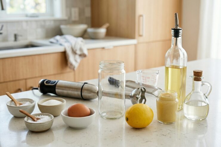Ingredient preparation for homemade mayonnaise Mayonnaise ingredients including an egg, oil, lemon, mustard, and an immersion blender