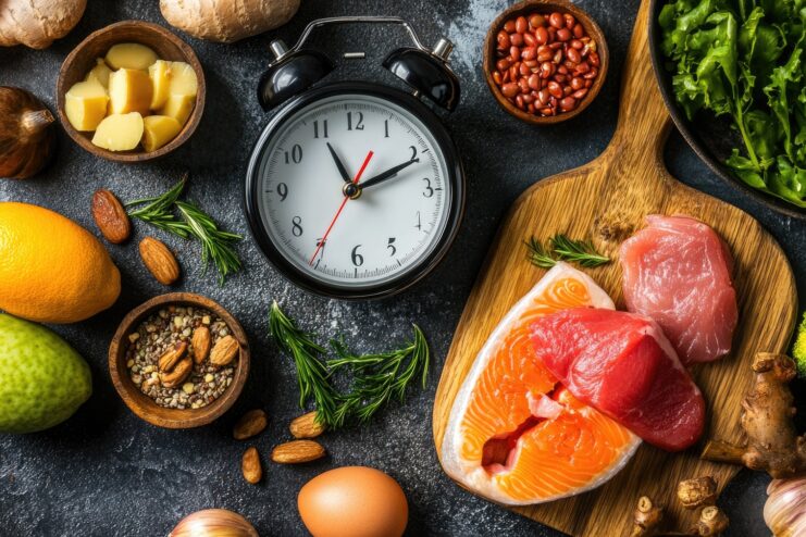 Assortment of healthy foods including salmon, tuna, eggs, nuts, beans, greens, broccoli, avocado, and lemon on a table.