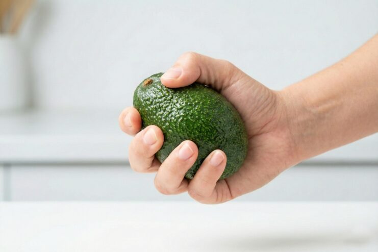 Testing Avocado Ripeness with the Palm Hand gently squeezing a whole green avocado using the entire palm to test for ripeness