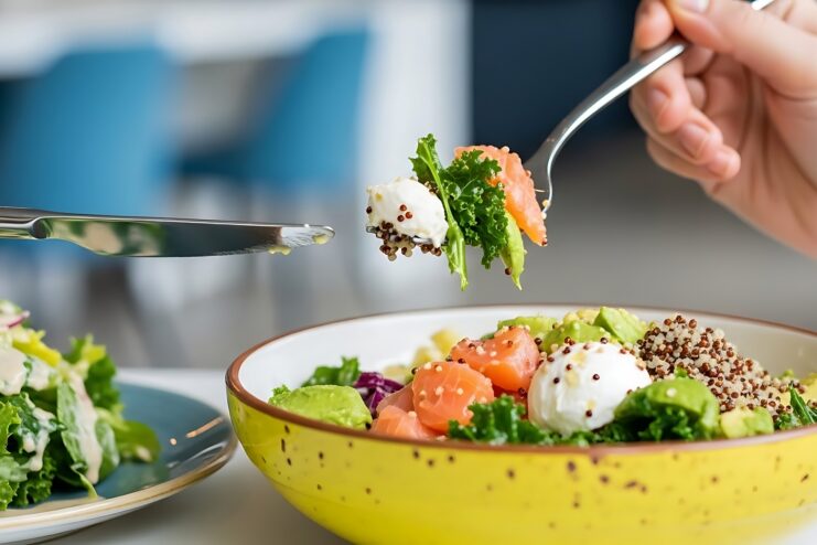 Balanced salad bowl featuring salmon, avocado, fresh greens, and complex carbohydrates like grains for a complete meal.