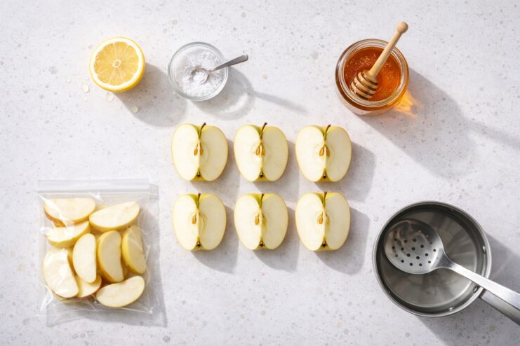 Methods to prevent apple browning Apples and prevention methods including lemon, salt, honey, a vacuum-sealed bag of slices, and a blanching pot.