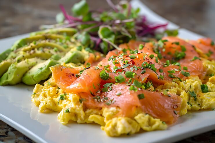 Warm scrambled eggs served with sliced cured salmon, fresh avocado, and greens for a gentle digestive start.