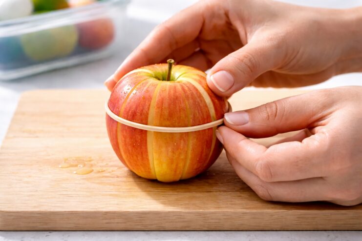 Rubber band trick for sliced apples Hands using a rubber band to tightly secure a sliced apple that has been reassembled into its original whole shape.
