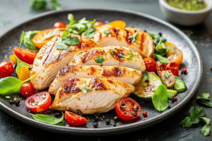 Grilled chicken breast plated alongside fresh mixed vegetables and greens as a protein and fiber-rich meal option.