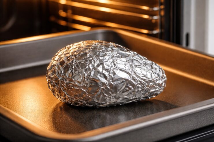 Avocado Wrapped in Foil Avocado tightly wrapped in aluminum foil placed on a metal baking sheet inside an oven