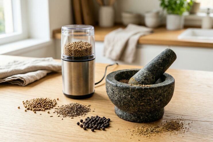 Spice grinding tools Stone mortar and electric mill alongside whole spice seeds on a kitchen counter