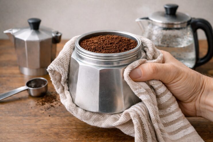 Assembling Moka Pot With Hot Water Hand holding the moka pot base with a kitchen towel during assembly, with a kettle and a measuring spoon of coffee nearby.