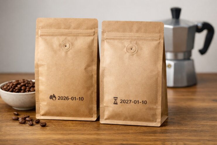Coffee Bags Showing Roast Date Two bags of coffee with degassing valves: one displays the roast date, the other only an expiration date, with a moka pot behind.