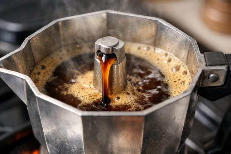 Moka Pot Extraction Ending Upper chamber of a moka pot during brewing, showing a light coffee stream, blonde foam forming around the edges, and visible steam.